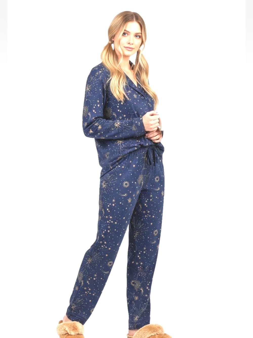 Room Service PLUS Size Celestial Pajama Set XXL Blue Gold Star Moon Sleepwear